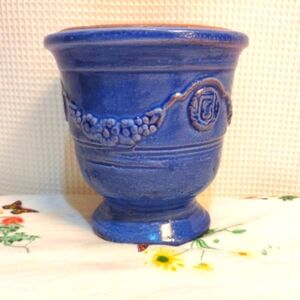 Antique Ampholia Anduze France Planter Urn Cobalt Blue 7"